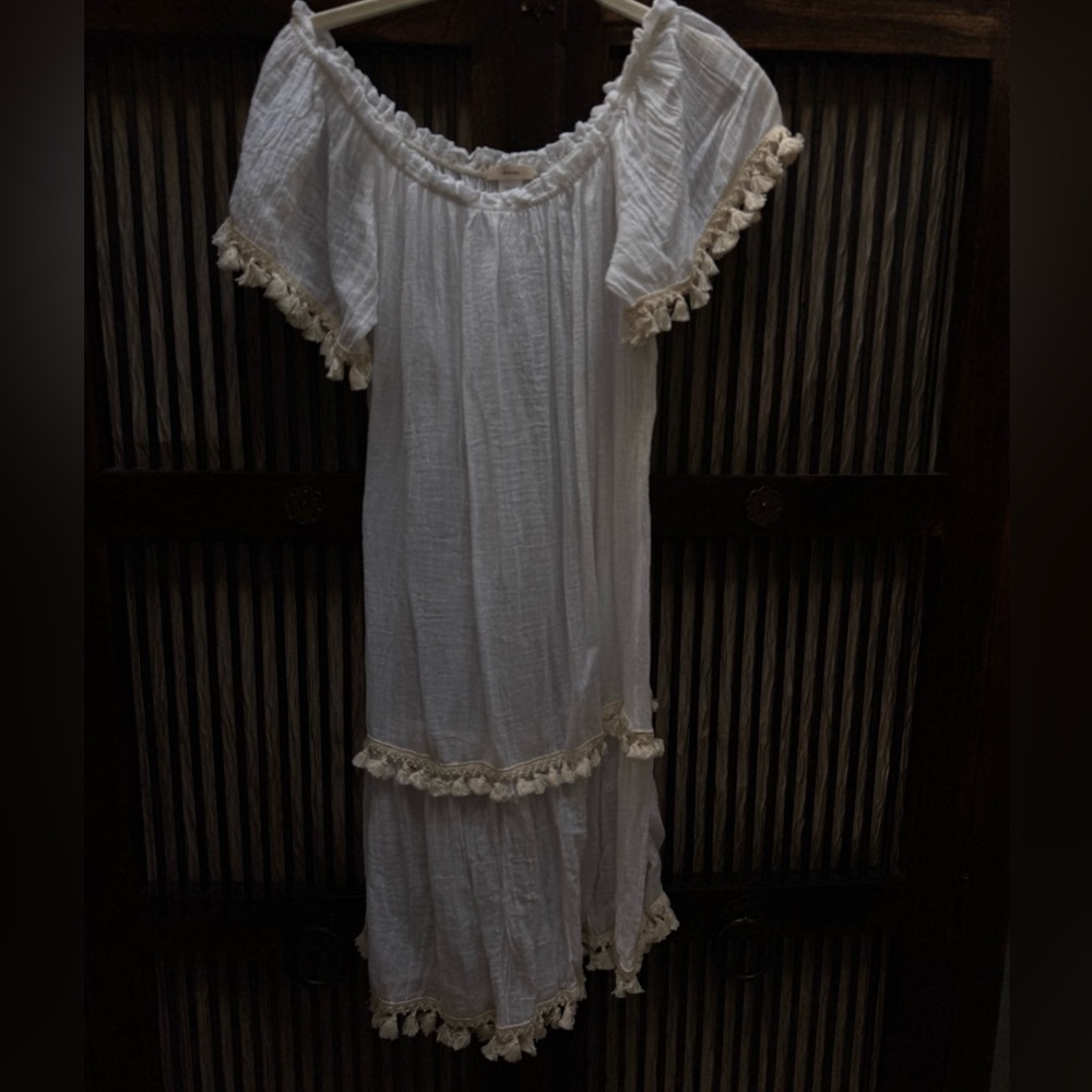 Eberjey White Off-Shoulder Dress/Coverup with Tassels - Size S